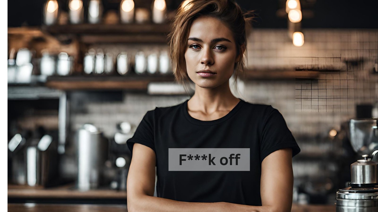 Pasikėlusi Barista, užrašas "fuck off"